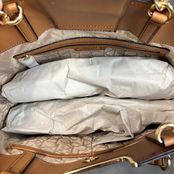 Calvin Klein Monogram Tote Bag Brown Gold Chain Strap Leather Trim NWT - Picture 7 of 8